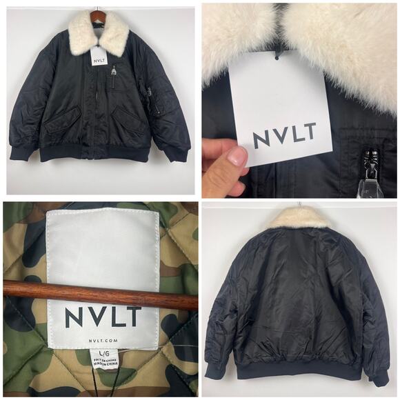 NVLT x Anthropologie Faux Fur Collar Bomber Jacket L Black Aviator Camo lined - Picture 4 of 10
